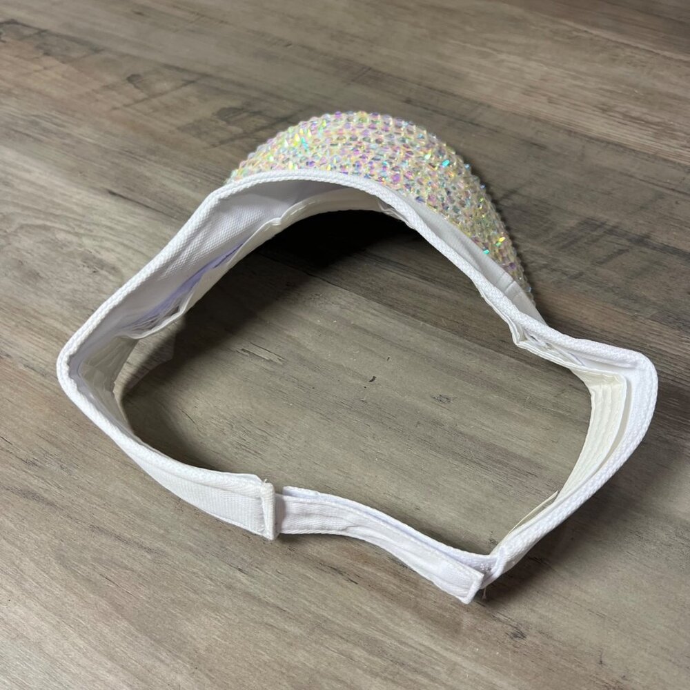 White Adjustable Visor Hat With Iridescent Rhinestones On Brim - Picture 4 of 5